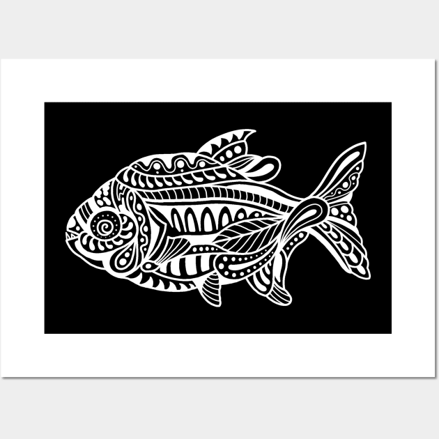 Abstract piranha white outline Wall Art by Ryan Tsutsumi 